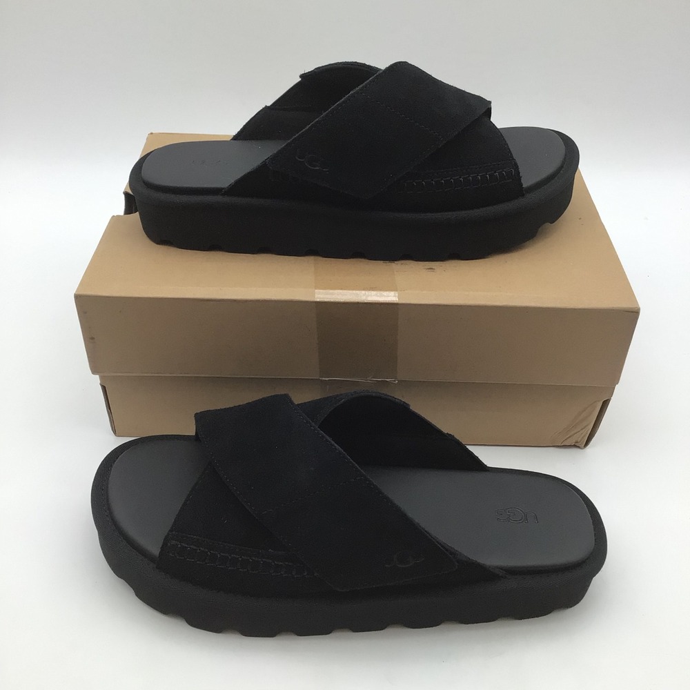 UGG Sungaze Slide Black Suede Platform Sandals Womens Size 9 Cross Strap NEW